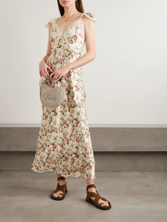 Image of Dresses. Product name - Fiona Lace-trimmed Floral-print Silk-satin Midi Dress in Multi colour by brand - DÔEN