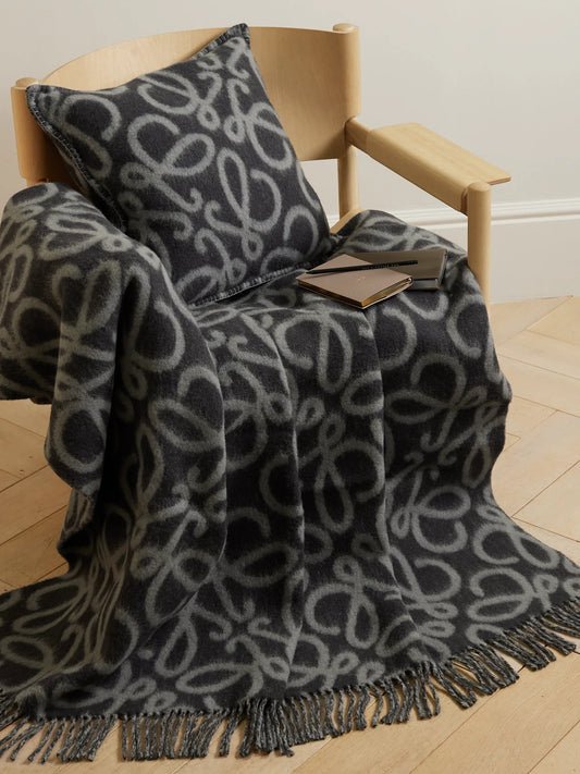 Image of Chair & Sofa Cushions. Product name - Fringed Leather-trimmed Alpaca-blend Jacquard Blanket in Gray colour by brand - LOEWE