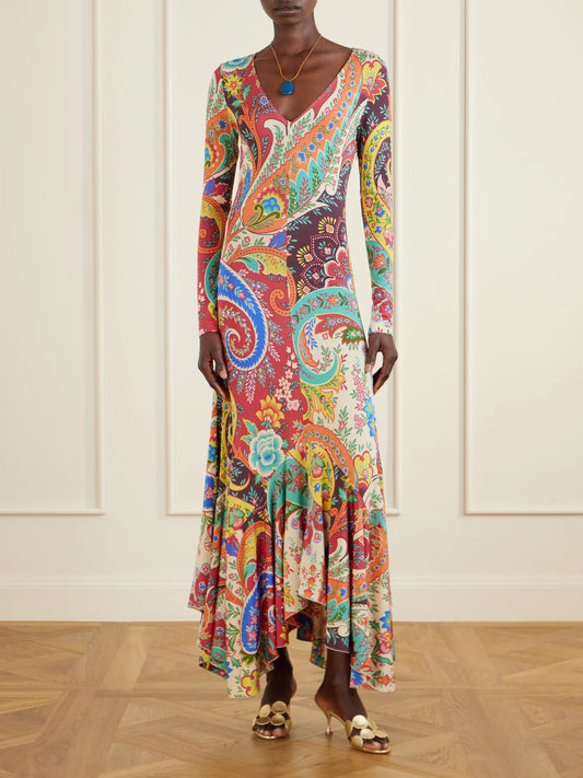 Image of Dresses. Product name - Ruffled Paisley-print Jersey Maxi Dress in Multi colour by brand - Etro