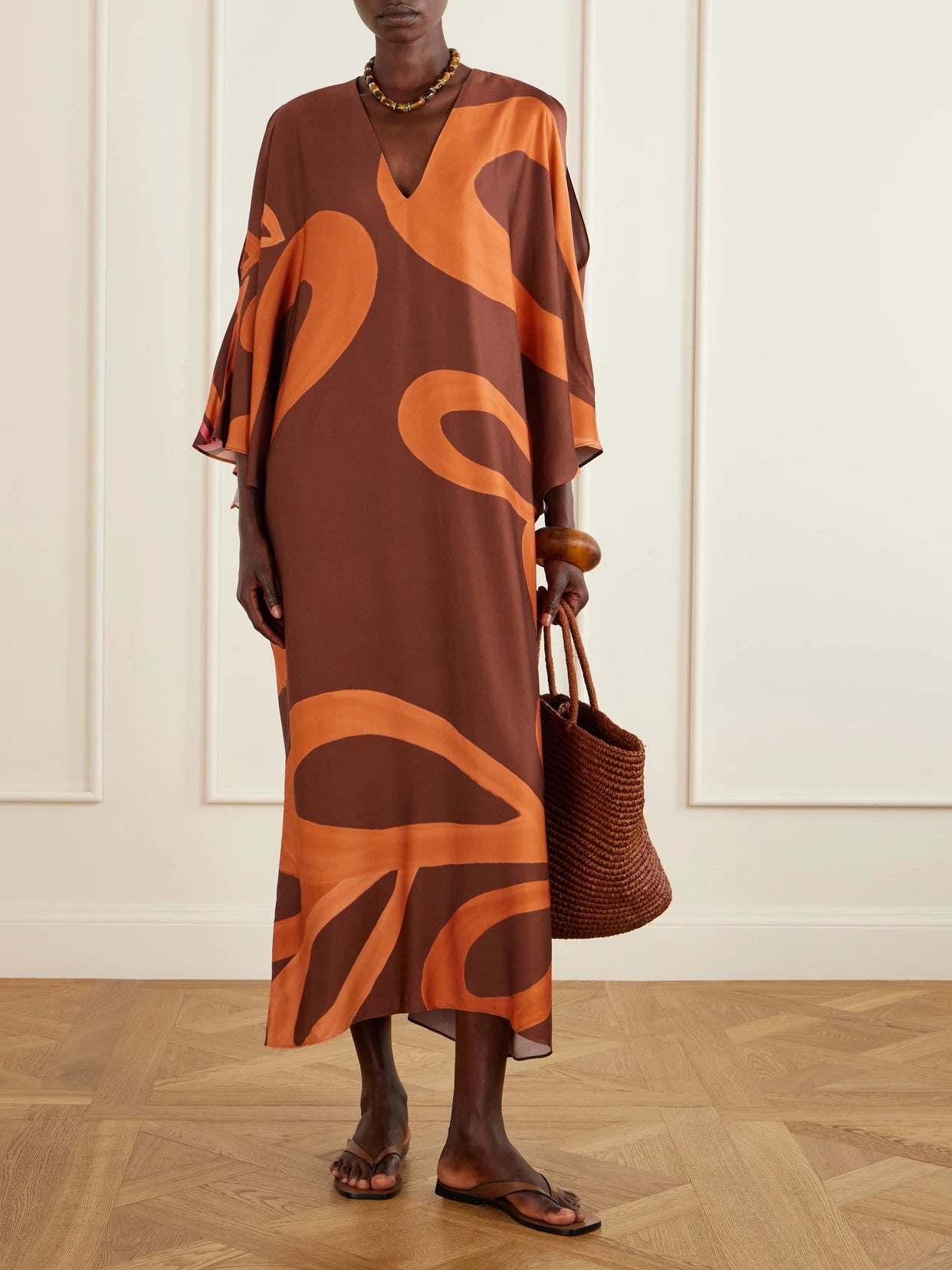 Image of Dresses. Product name - Amalthea Printed Satin Kaftan in Brown colour by brand - Themis Z