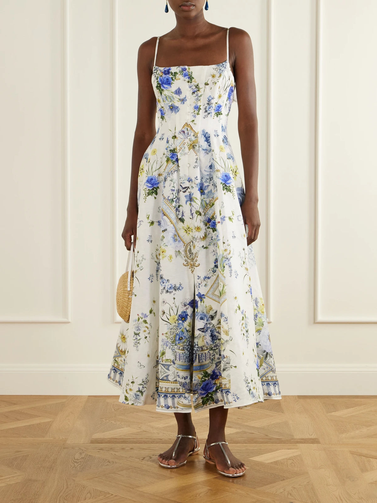 Image of Dresses. Product name - Embellished Floral-print Linen And Silk-blend Midi Dress in White colour by brand - Camilla