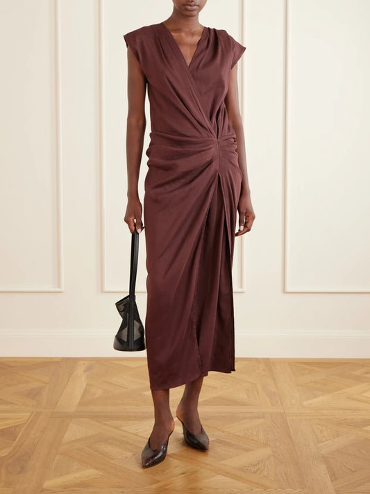 Image of Dresses. Product name - Bettina Gathered Linen-blend Midi Dress in Brown colour by brand - Proenza Schouler