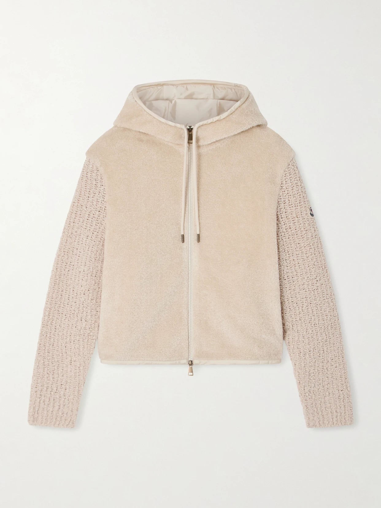 Image of a model wearing Outerwear. Product name - Hooded Fleece And Wool-blend Bouclé Cardigan in Beige colour by brand - Moncler