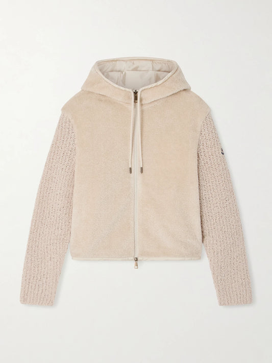 Image of a model wearing Outerwear. Product name - Hooded Fleece And Wool-blend Bouclé Cardigan in Beige colour by brand - Moncler