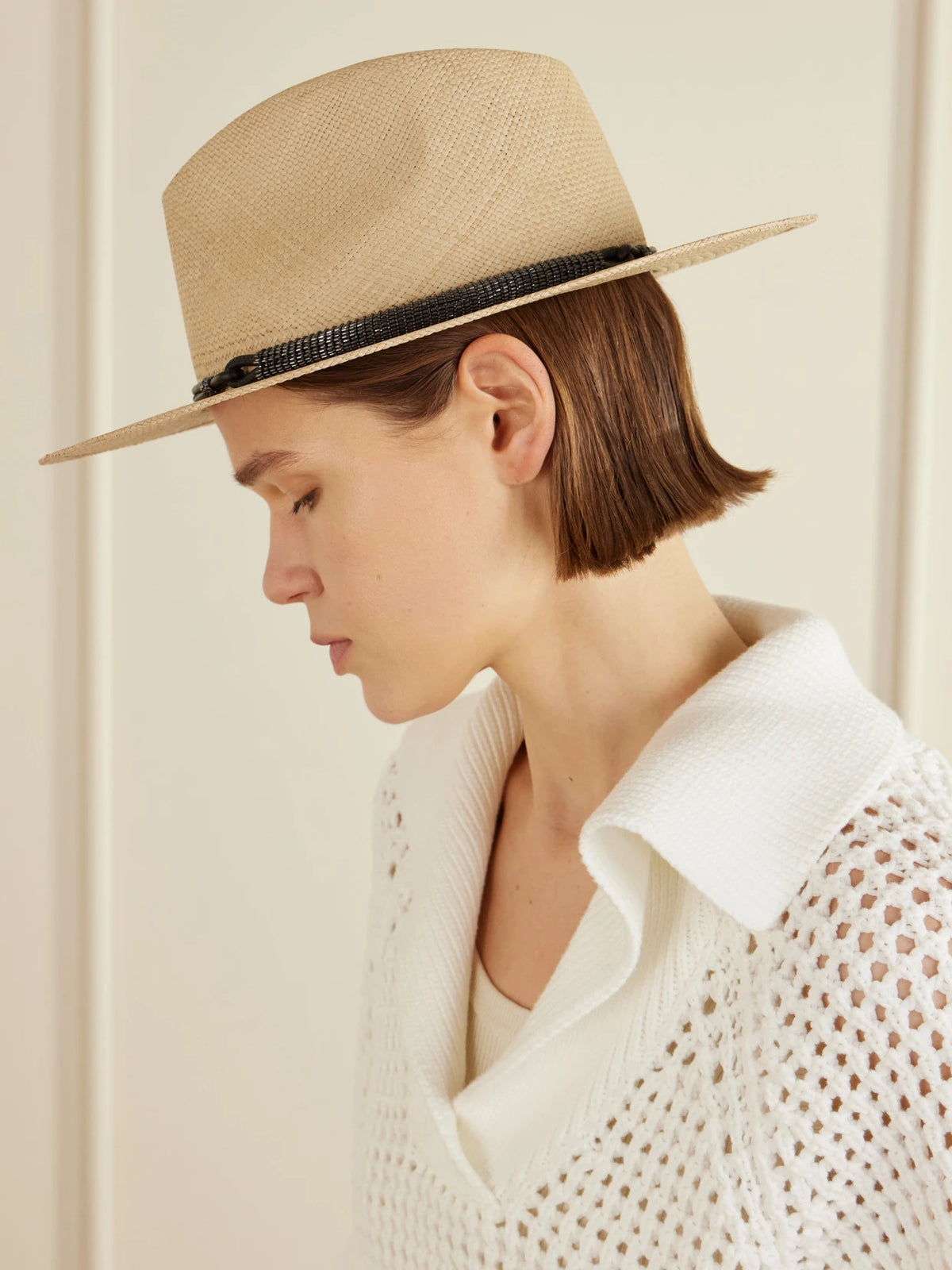 Image of Hats. Product name - Embellished Ribbon-trimmed Straw Hat in Sand colour by brand - Brunello Cucinelli