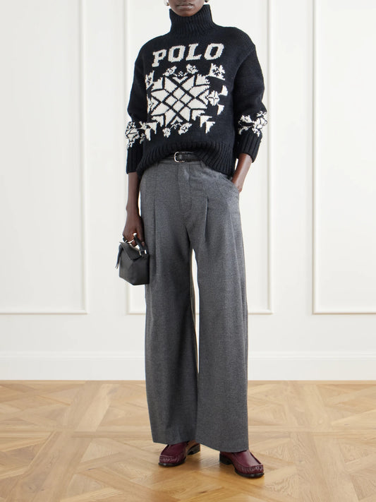 Image of a model wearing Outerwear. Product name - Intarsia-knit Wool Turtleneck Sweater in Black colour by brand - Polo Ralph Lauren