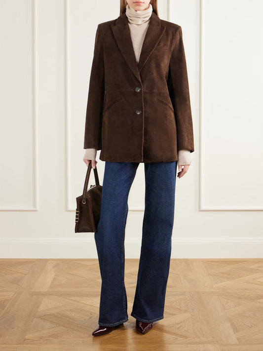 Image of Coats & Jackets. Product name - Maci Dickey Paneled Suede Blazer in Brown colour by brand - Veronica Beard