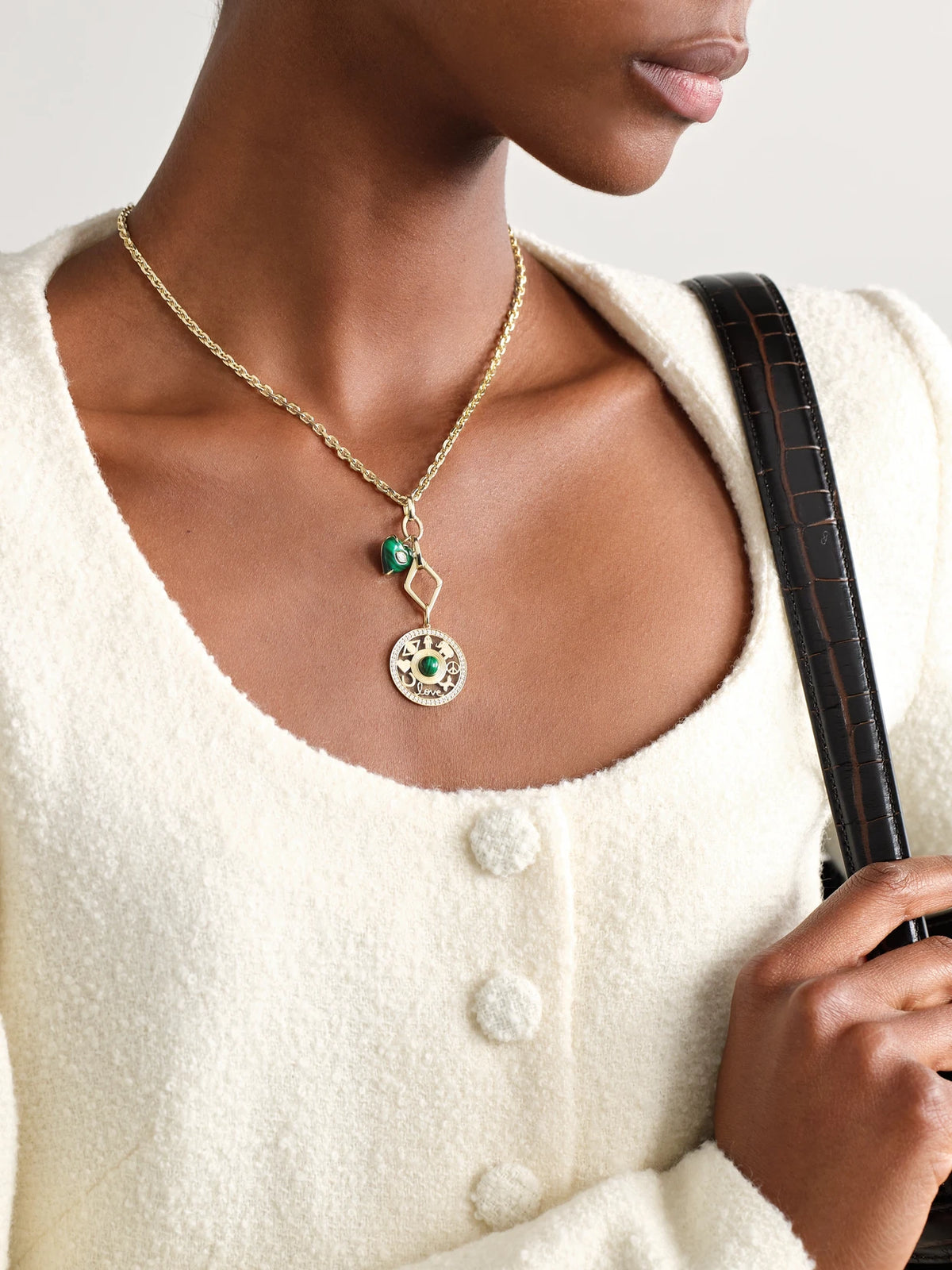 Image of Necklaces. Product name - Open Icon 14-karat Gold, Malachite And Diamond Necklace in Green colour by brand - Sydney Evan