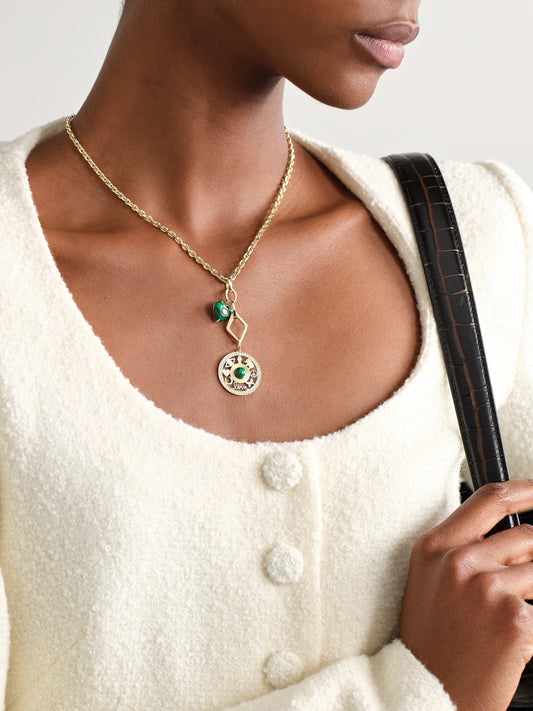 Image of Necklaces. Product name - Open Icon 14-karat Gold, Malachite And Diamond Necklace in Green colour by brand - Sydney Evan
