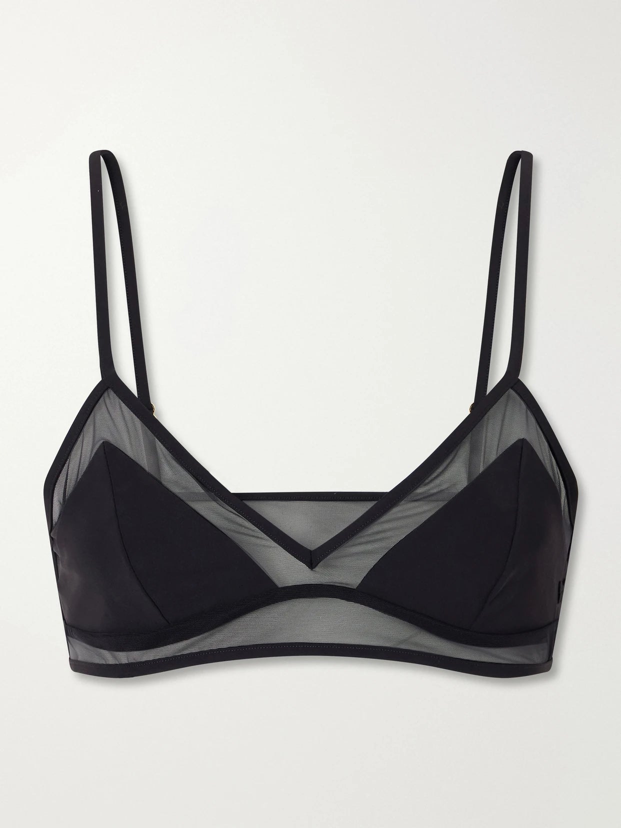 Image of Swimwear. Product name - Peep Show Mesh-trimmed Bikini Top in Black colour by brand - Kiki de Montparnasse