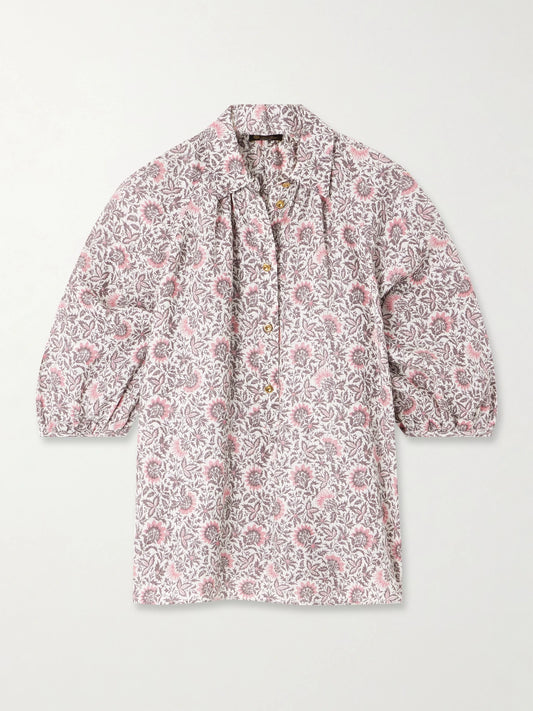 Image of a model wearing Tops. Product name - Olivia Oversized Printed Linen Shirt in Multi colour by brand - Loro Piana
