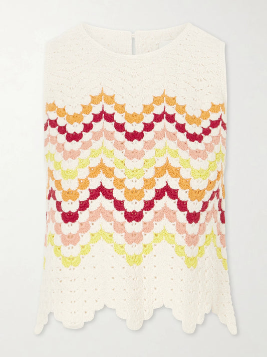 Image of a model wearing Tops. Product name - Cuenca Striped Crocheted Cotton Tank in Multi colour by brand - ESCVDO