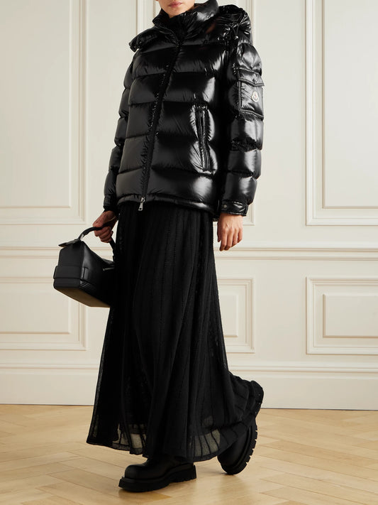 Image of Coats & Jackets. Product name - Maire Hooded Quilted Glossed-shell Down Jacket in Black colour by brand - Moncler