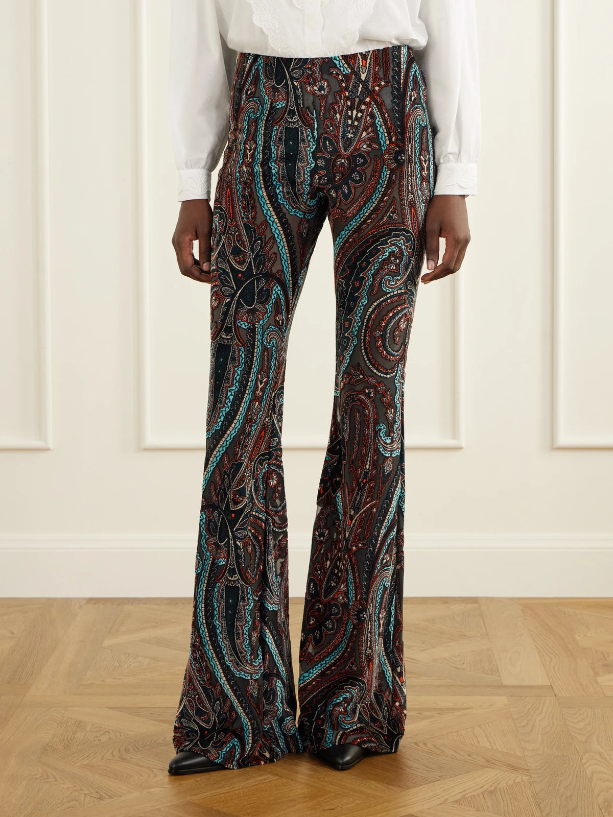 Etro Paisley-appliquéd Mesh Flared Pants