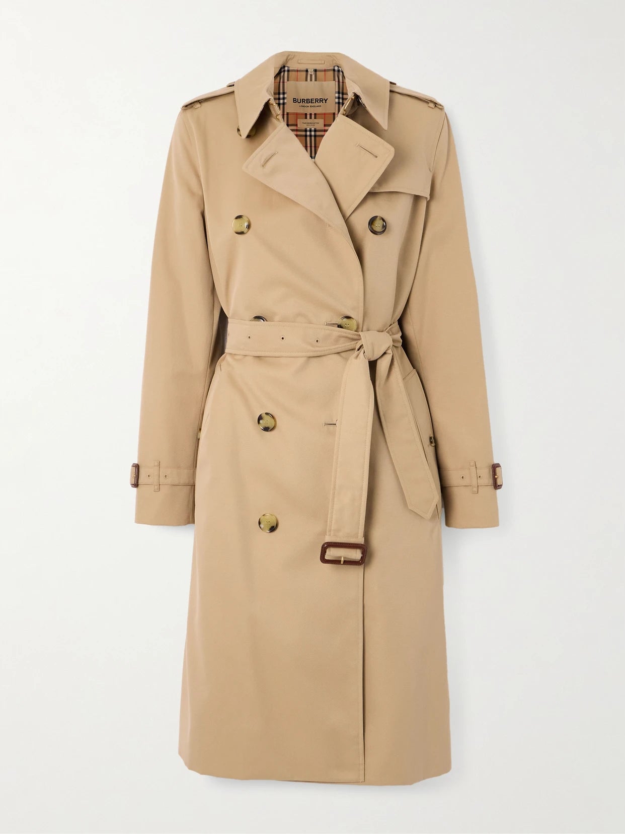 Image of Coats & Jackets. Product name - Kensington Long Organic Cotton-gabardine Trench Coat in Neutral colour by brand - Burberry