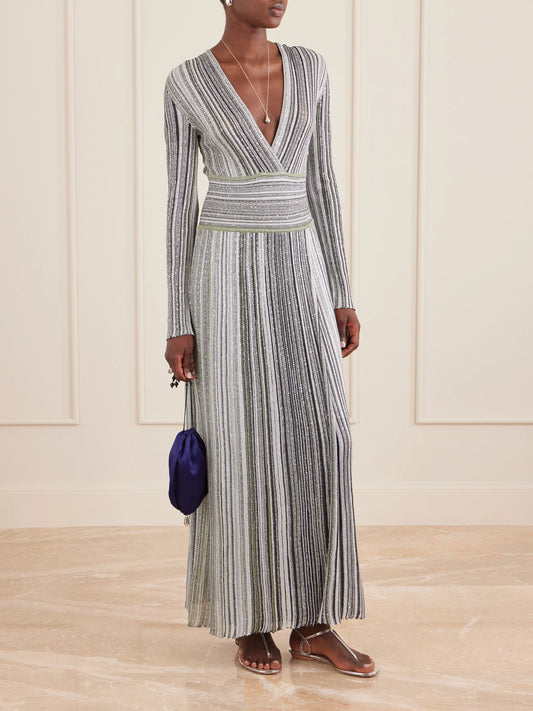 Image of Dresses. Product name - Striped Sequin-embellished Metalic Crochet-knit Maxi Dress in Black colour by brand - Missoni
