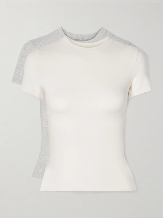 Image of a model wearing Tops. Product name - Set Of Two Stretch-cotton Jersey T-shirts - Light Heather Grey, Marble in Light gray colour by brand - SKIMS