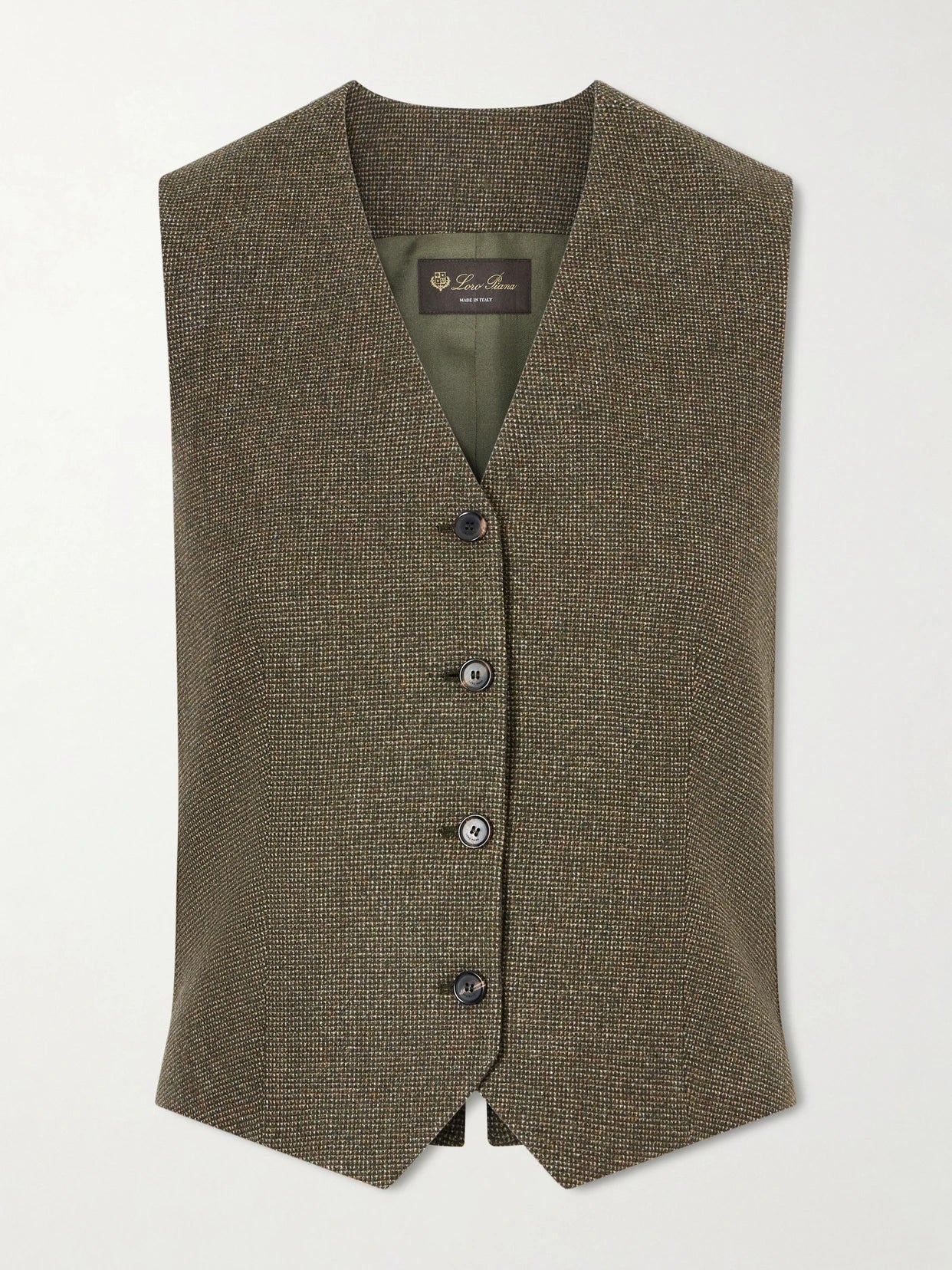 Image of a model wearing Outerwear. Product name - Wool And Cashmere-blend Vest in Dark green colour by brand - Loro Piana
