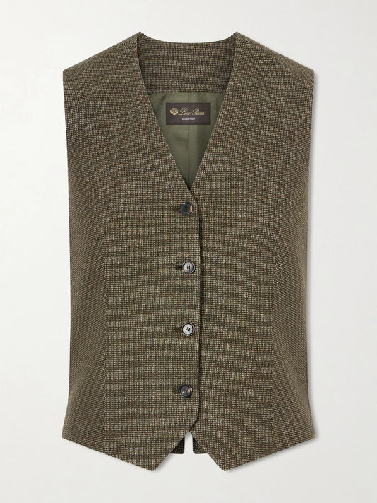 Image of a model wearing Outerwear. Product name - Wool And Cashmere-blend Vest in Dark green colour by brand - Loro Piana