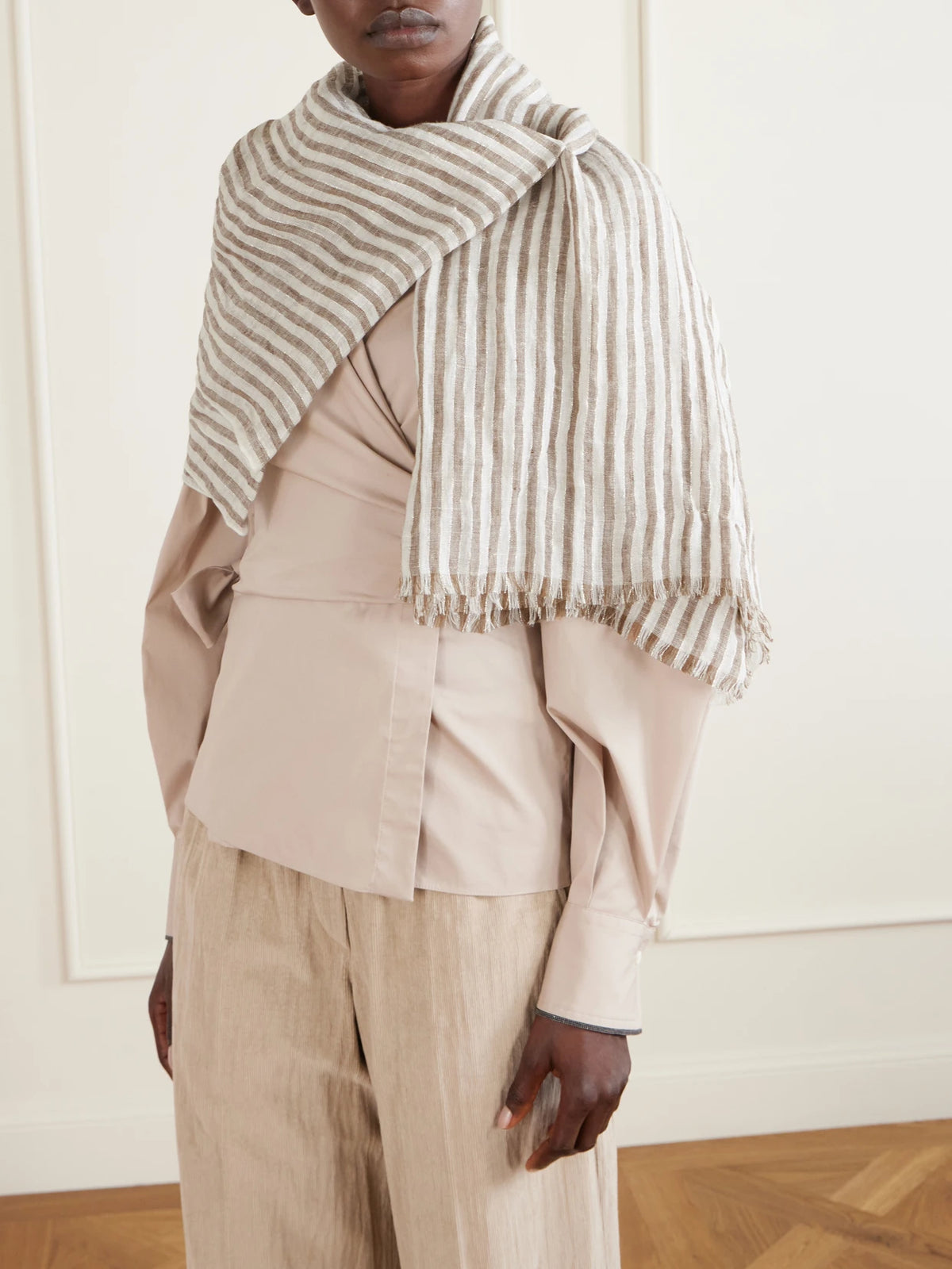 Fringed Striped Linen-blend Scarf