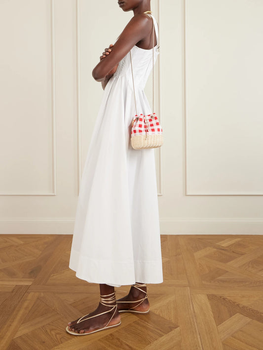 Bon Bon Embellished Woven Raffia Checked Woven Bucket Bag