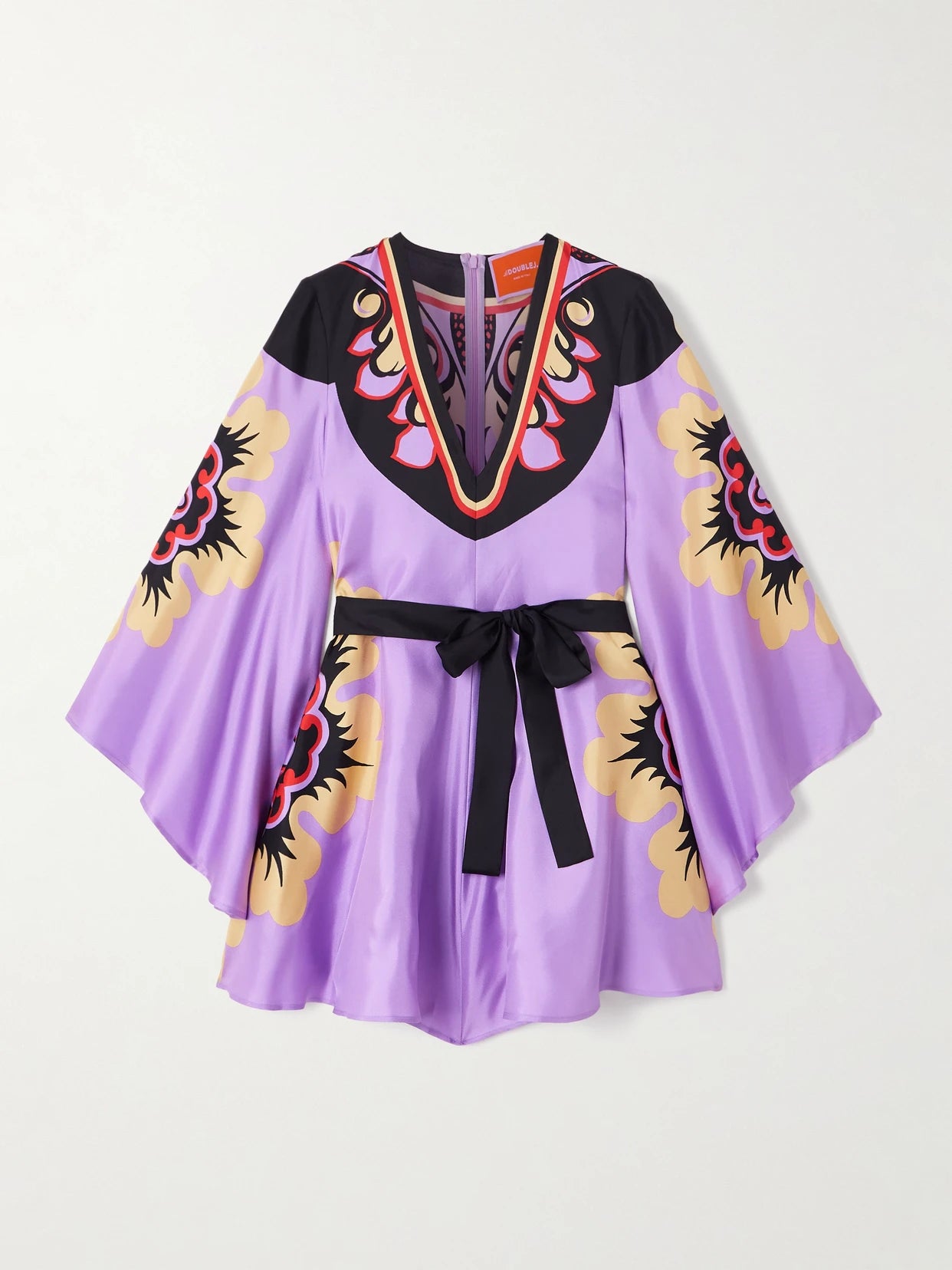 Image of Dresses. Product name - Icon Magnifico Belted Printed Silk-twill Mini Dress in Purple colour by brand - La DoubleJ