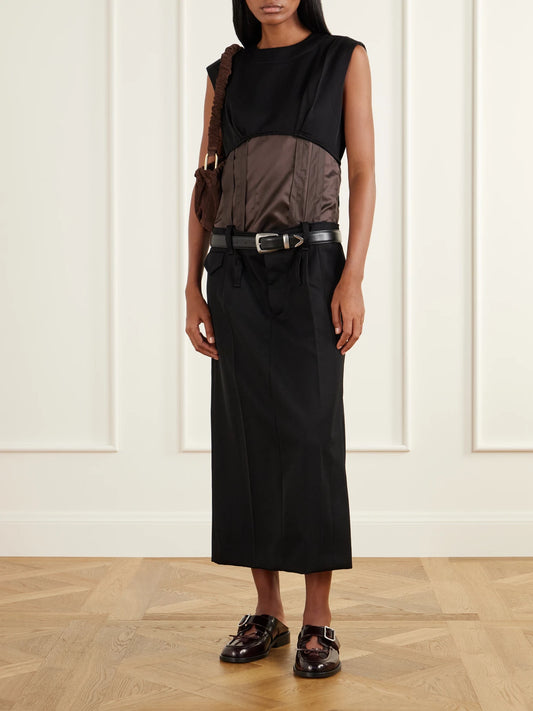 Image of Dresses. Product name - Satin-trimmed Wool-twill Midi Dress in Black colour by brand - Marni