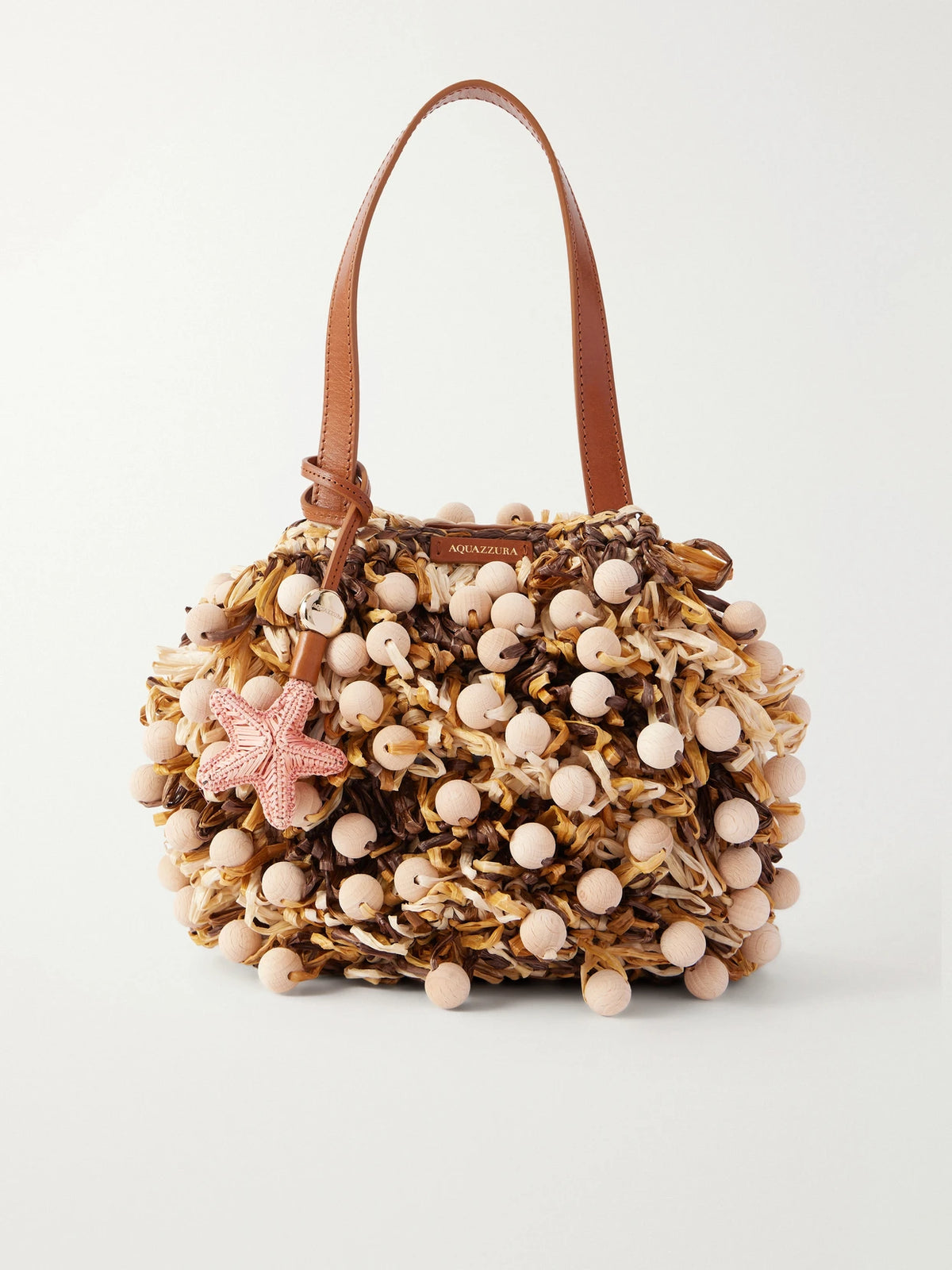 Pom Pom Leather-trimmed Beaded Woven Raffia Mini Bag