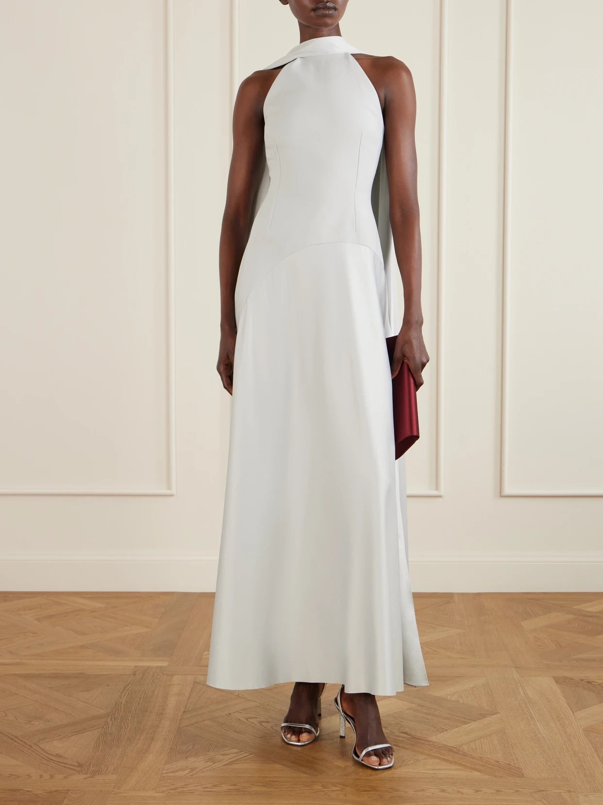 Image of Dresses. Product name - Cece Cape-effect Crepe And Satin Gown in Silver colour by brand - Solace London