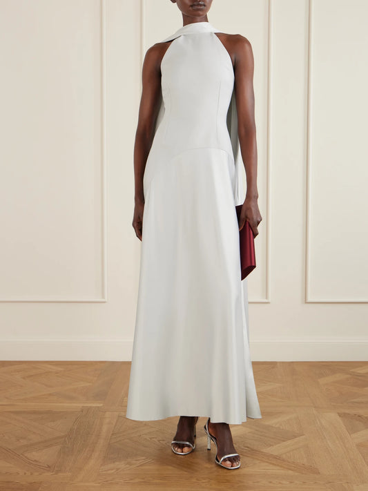 Image of Dresses. Product name - Cece Cape-effect Crepe And Satin Gown in Silver colour by brand - Solace London