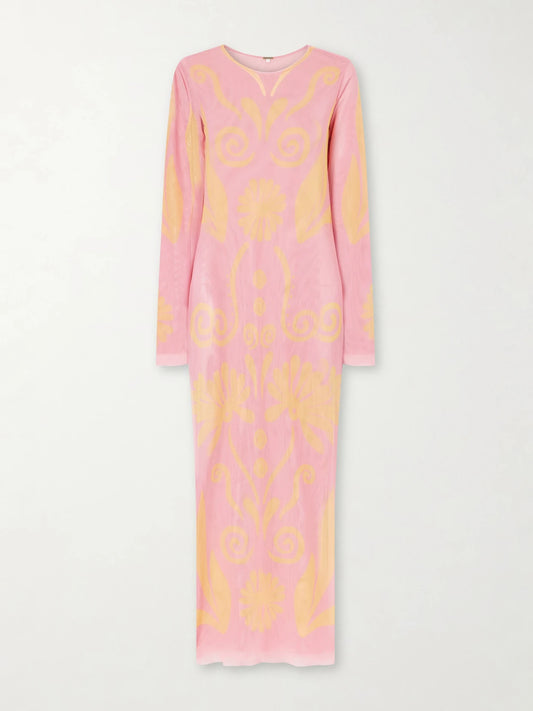 Image of Dresses. Product name - Tania Printed Mesh Maxi Dress in Pink colour by brand - Cala de la Cruz