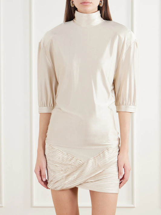 RABANNE Pleated Stretch-satin Turtleneck Blouse