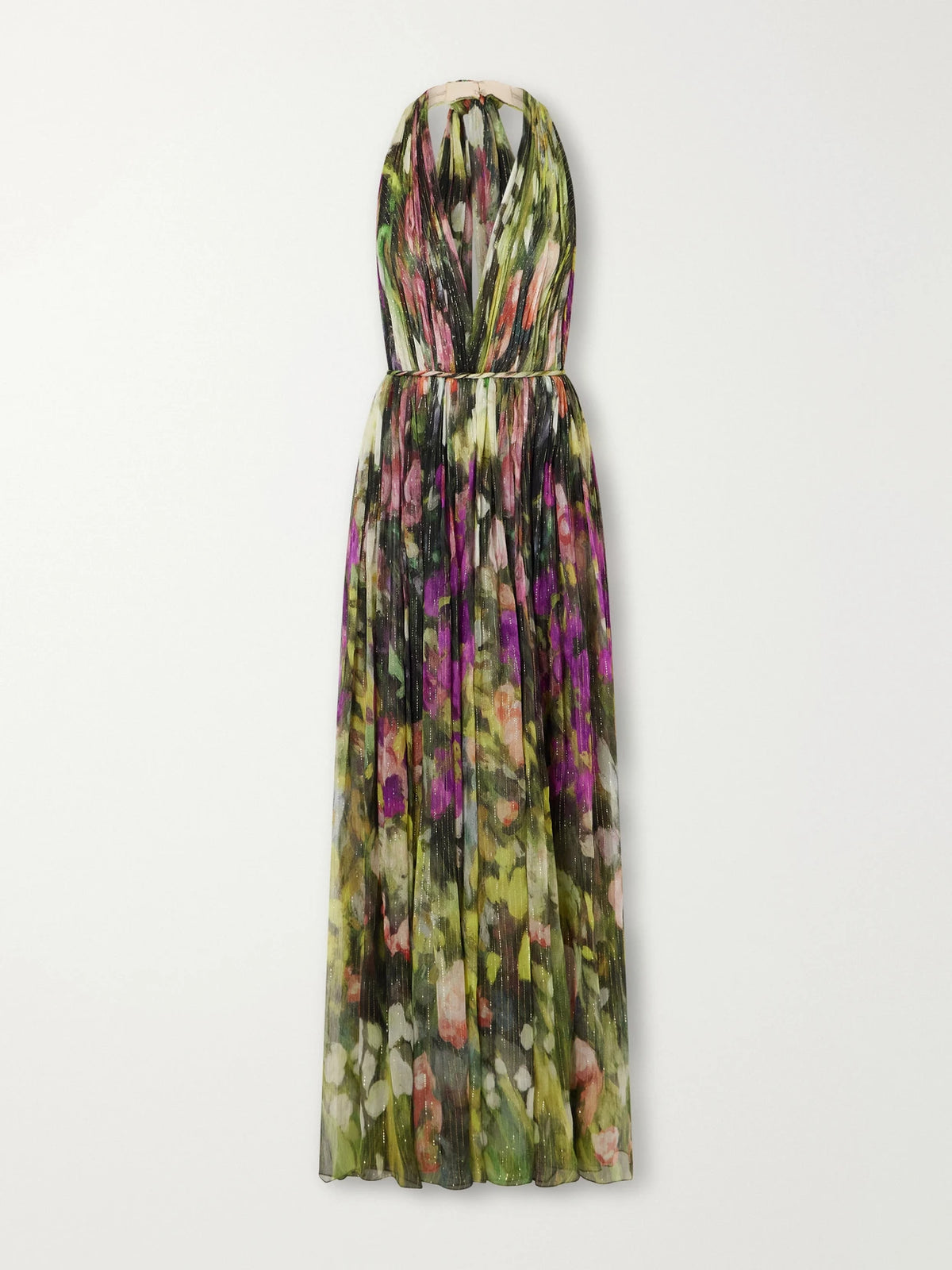 Oscar de la Renta Belted Tie-detailed Floral-print Silk-blend Chiffon Halterneck Gown
