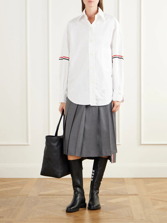 Image of Boots. Product name - Striped Full-grain Leather Knee Boots in Black colour by brand - Thom Browne