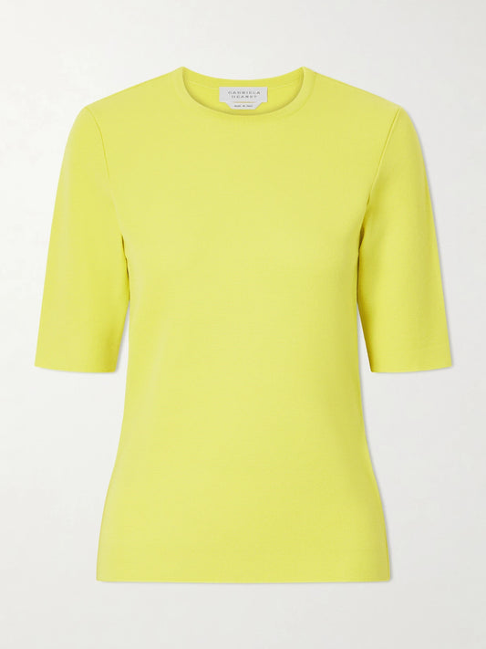 Image of a model wearing Outerwear. Product name - Axis Wool Knitwear in Bright yellow colour by brand - Gabriela Hearst