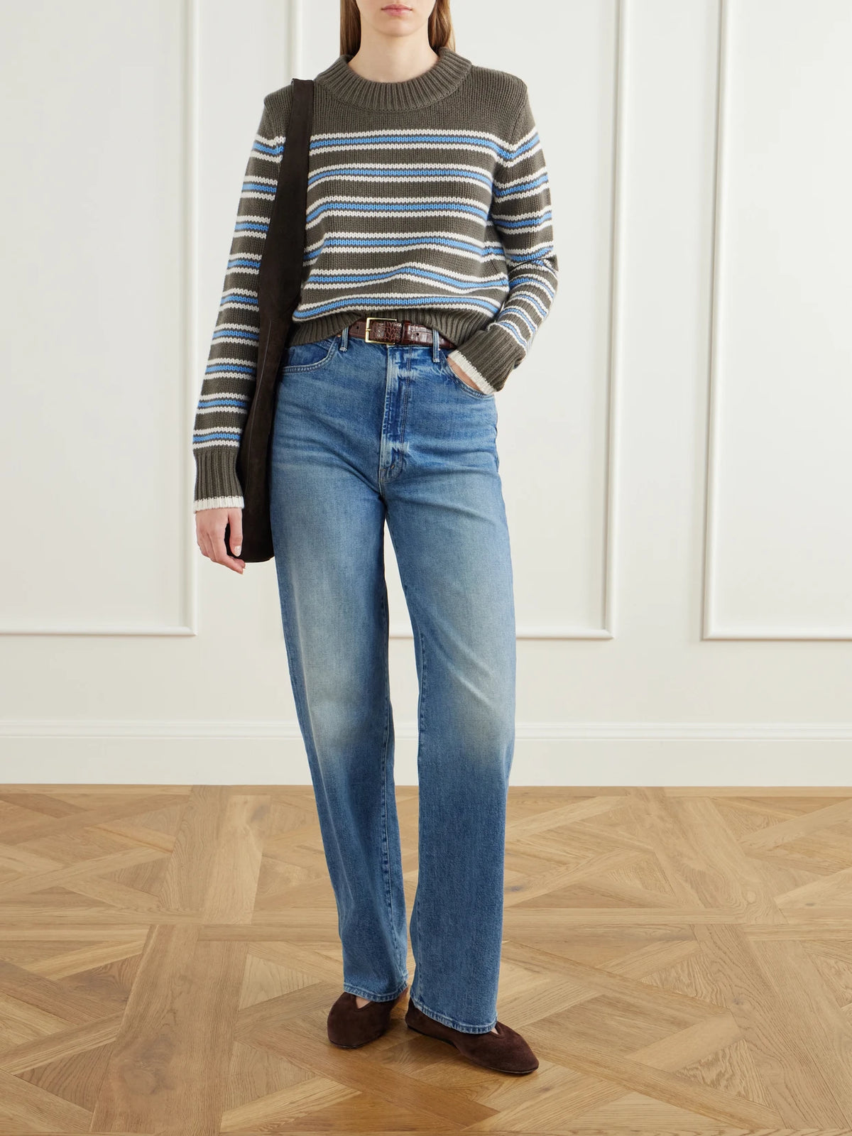 Image of a model wearing Outerwear. Product name - Mini Marin Striped Wool And Cashmere-blend Sweater in Chocolate colour by brand - La Ligne