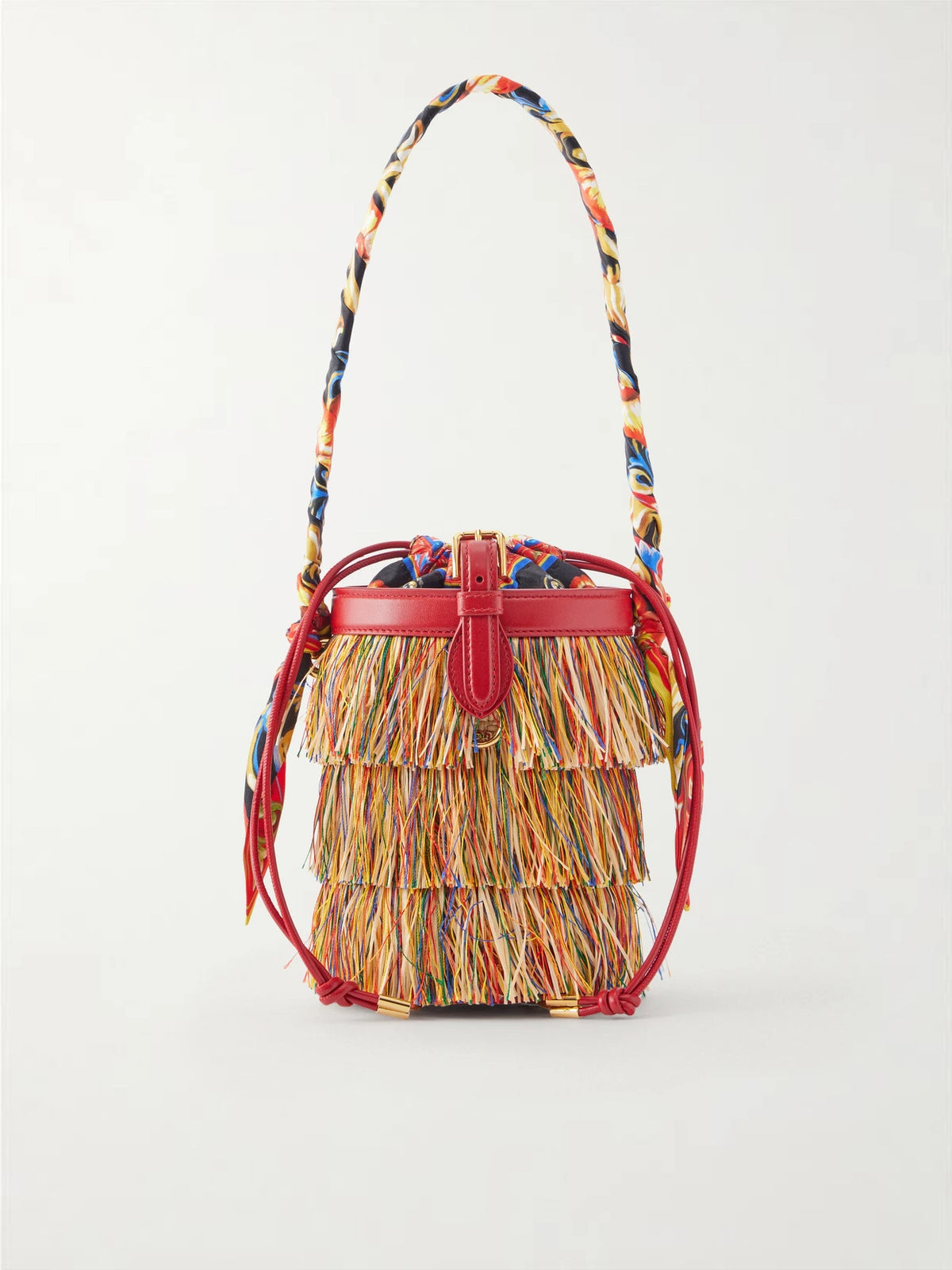 Capri Fringed Leather And Twill-trimmed Raffia Bucket Bag