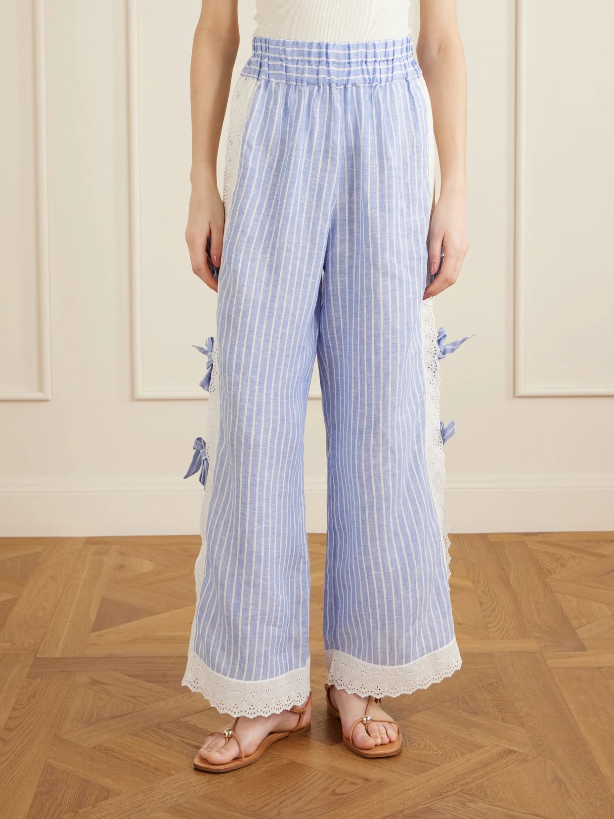 Clarissa Bow-embellished Striped Broderie Anglaise-trimmed Linen Straight-leg Pants
