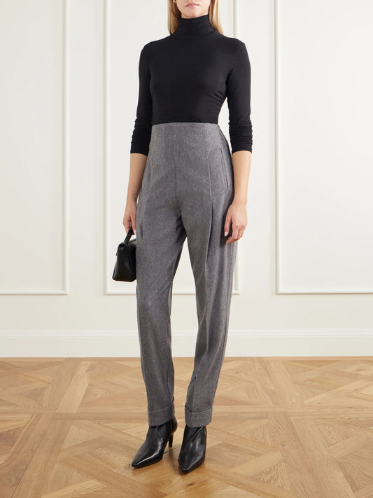 Image of a model wearing Pants. Product name - Pleated Wool And Cashmere-blend Twill Tapered Pants in Gray colour by brand - Co