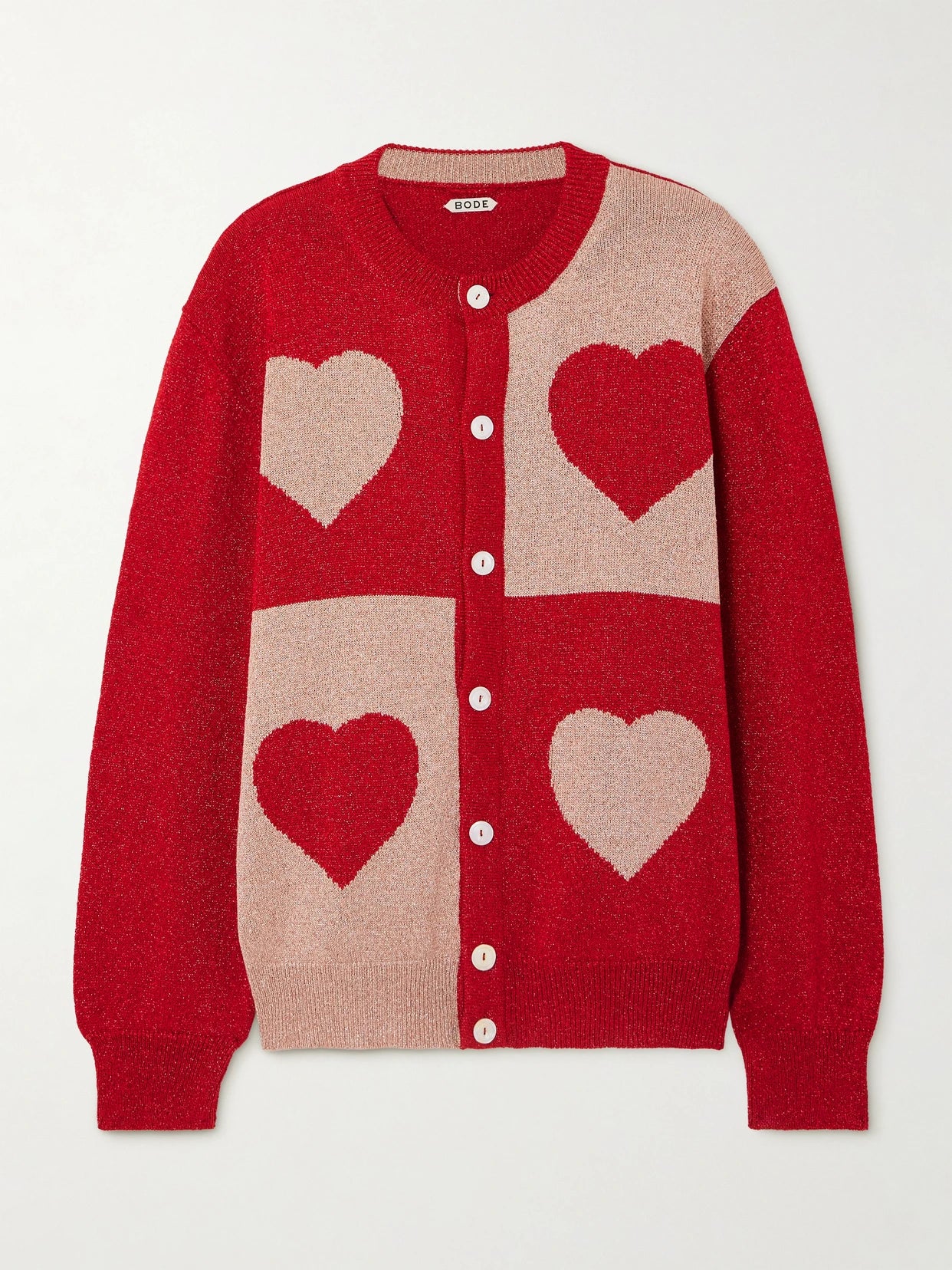Image of a model wearing Outerwear. Product name - Two-tone Lamé Cardigan in Red colour by brand - BODE