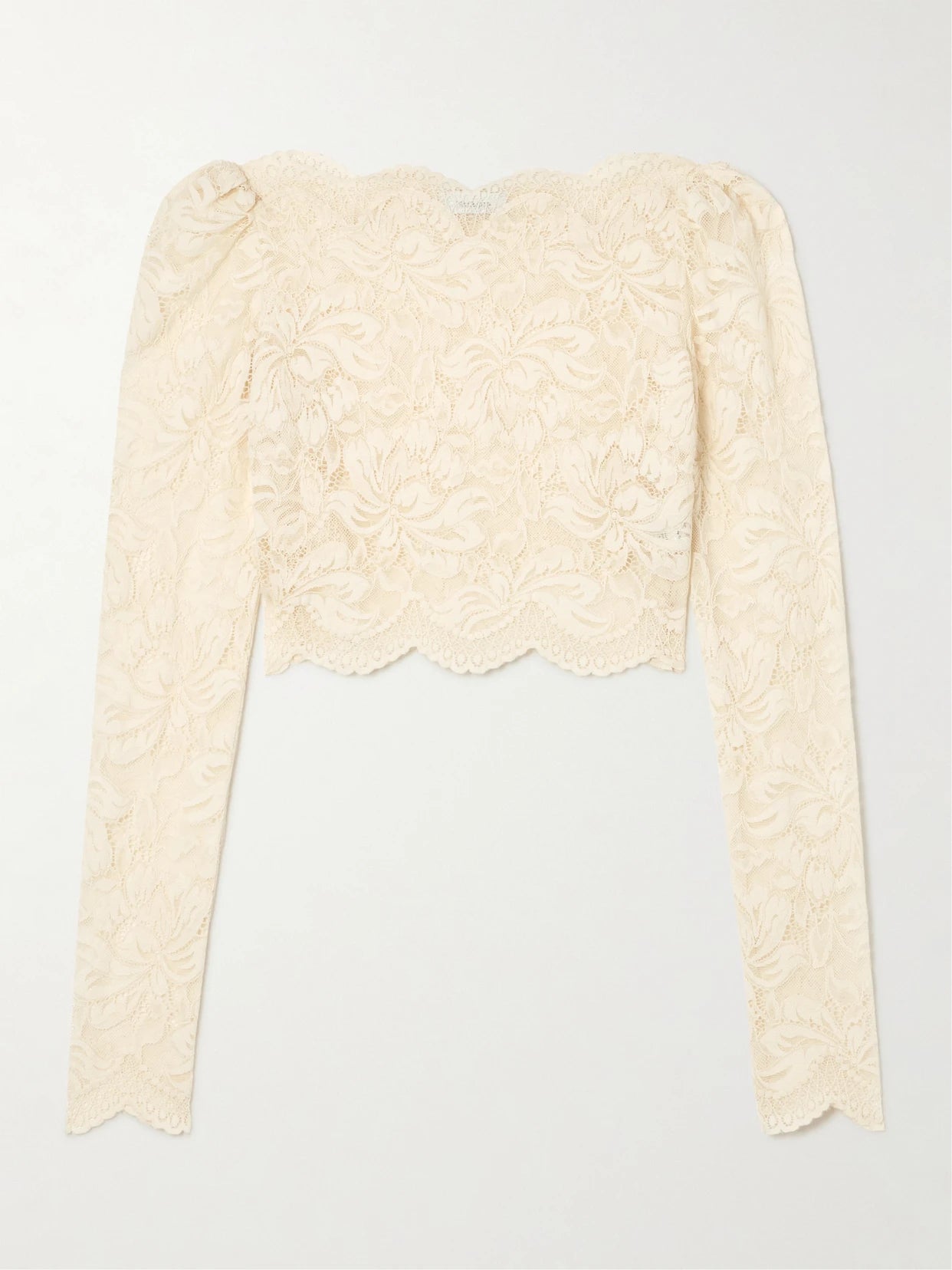 Image of a model wearing Tops. Product name - Scalloped Cropped Lace Top in White colour by brand - RABANNE
