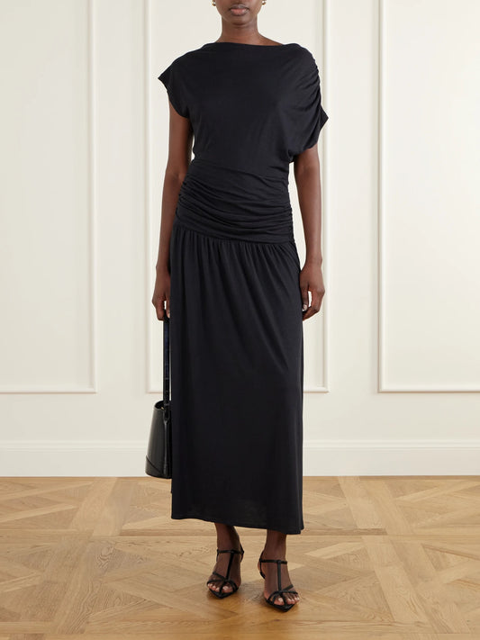Image of Dresses. Product name - Milla Draped Cotton-blend Jersey Maxi Dress in Black colour by brand - La Ligne