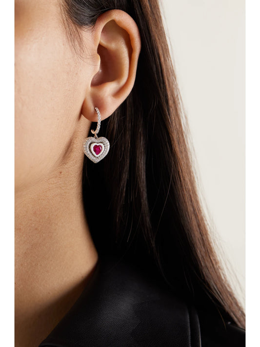 Image of Earrings. Product name - Manaal Heart 18-karat White Gold, Enamel, Ruby And Diamond Earrings in Multi colour by brand - Kamyen