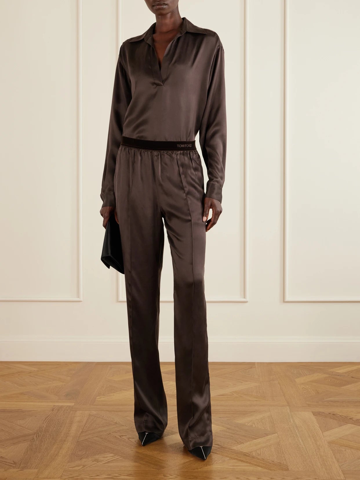 Image of a model wearing Pants. Product name - Velvet-trimmed Silk-satin Straight-leg Pants in Brown colour by brand - TOM FORD
