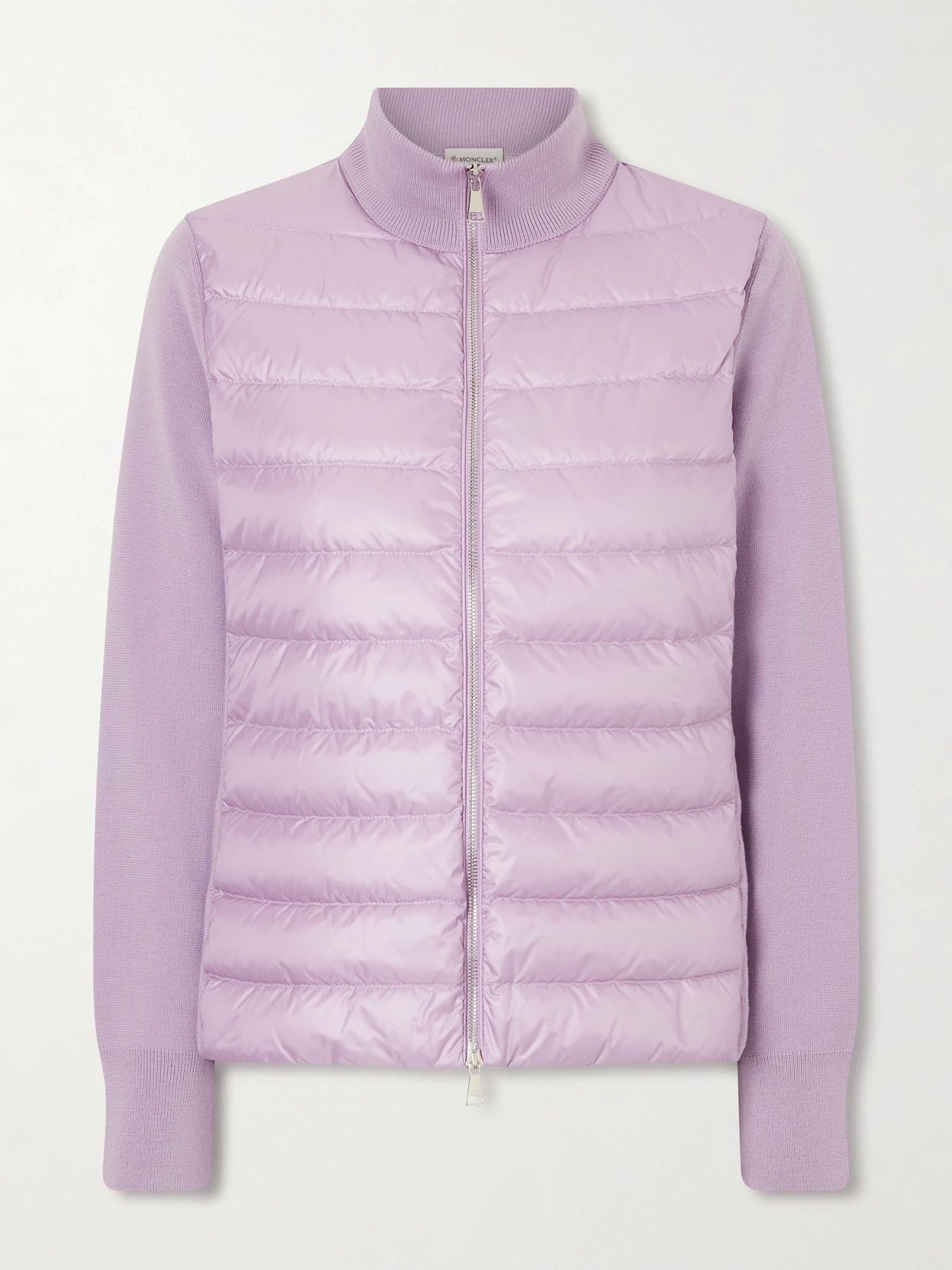 Image of Coats & Jackets. Product name - Appliquéd Wool And Quilted Shell Down Cardigan in Lilac colour by brand - Moncler