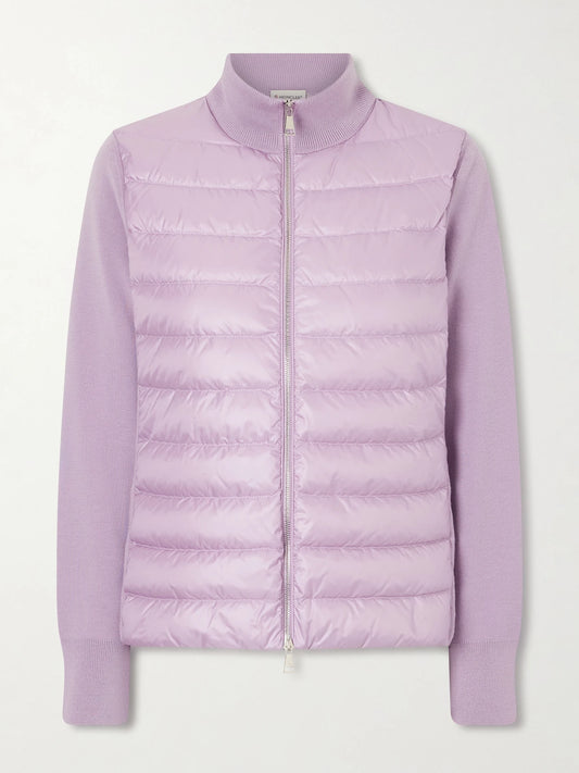 Image of Coats & Jackets. Product name - Appliquéd Wool And Quilted Shell Down Cardigan in Lilac colour by brand - Moncler