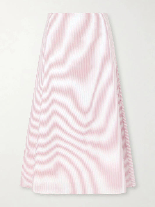 Image of a model wearing Skirts. Product name - A-line Striped Cotton Midi Skirt in Multi colour by brand - TWP