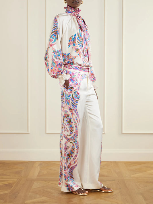 Image of a model wearing Pants. Product name - Floral-print Crepe Wide-leg Pants in Multi colour by brand - Etro