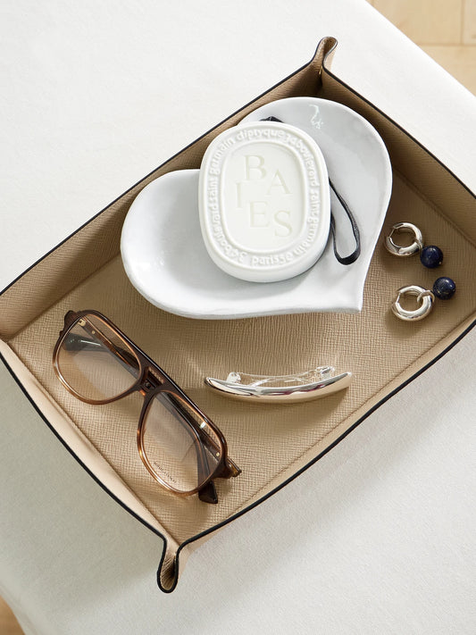 Image of Decor. Product name - Panama Large Textured-leather Trinket Tray in Stone colour by brand - Smythson
