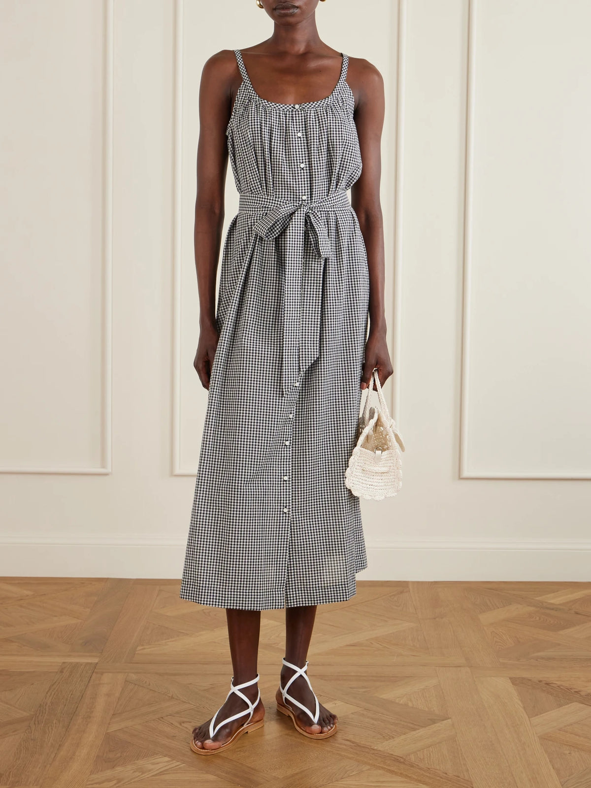 Image of Dresses. Product name - Nevita Belted Checked Organic Cotton Midi Dress in Black colour by brand - DÔEN